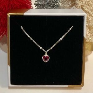 🌹🍃New Sterling Silver Red Heart Mini CZ Pendant 17” Necklace w/Rhodium Overlay